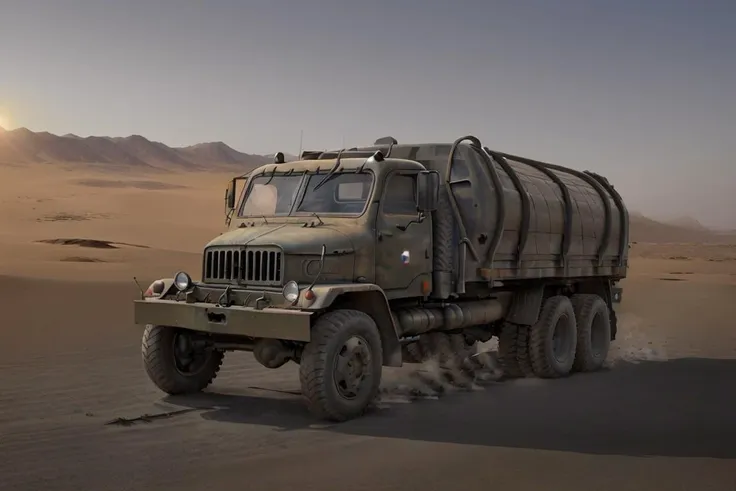 araf truck driving through a desert with a sun in the background