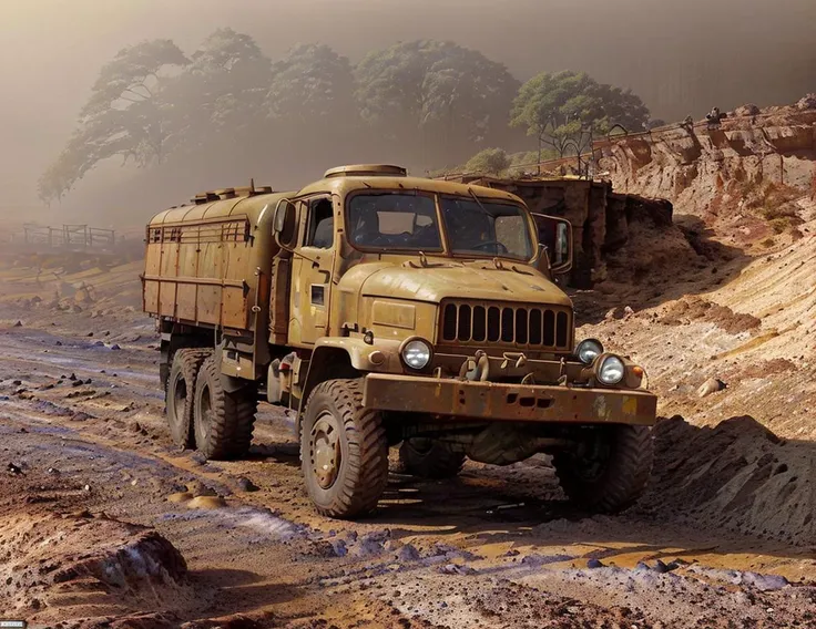 araf truck driving on dirt road in muddy area with trees in background