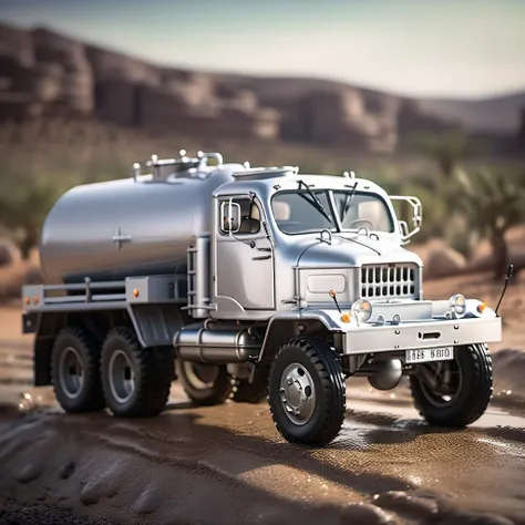 there is a toy truck that is driving on a dirt road