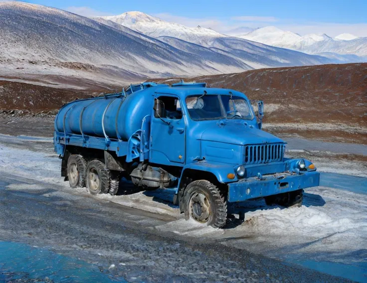 there is a blue truck driving down a snowy road