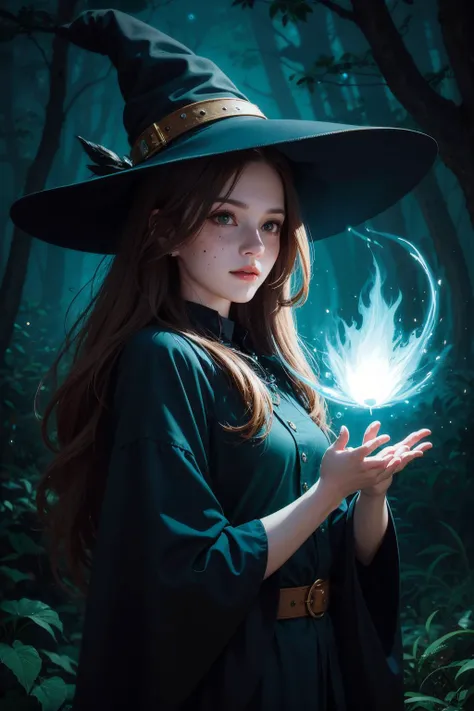 (best quality, masterpiece, realistic, detailed), 8k CG, perfect artwork, 1 girl, adult hungarian woman, slender, freckles, solo, teal eyes, light brown long hair, portrait, looking down, solo, (full body:0.6), detailed background, light smile, witch hat, ...