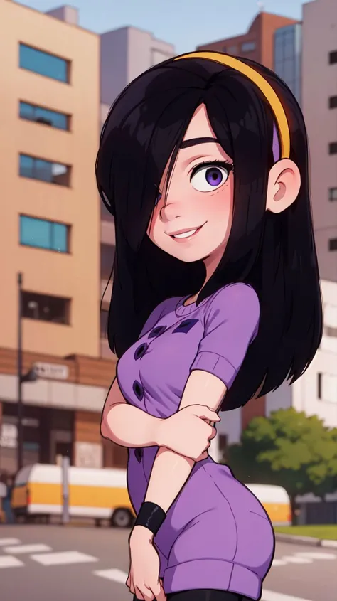 a cartoon girl in a purple shirt and black pants standing on a street