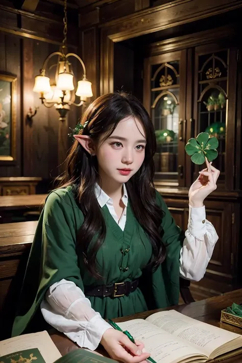 1girl, Craft an enchanting D&D-themed illustration for St. Patricks Day, featuring characters from various races in the players handbook. Each character is adorned in Celtic green attire, celebrating the spirit of the holiday. Set within a mysterious dunge...