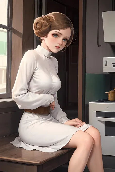 a close up of a woman sitting on a bench in a kitchen