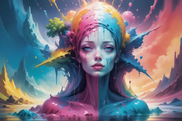 masterpiece, painted world,  colorful splashes, <lora:Painted World-000006:.5> 3 splashes in the background, colorful splashes, brightened bright colorful painting contest winner, artgerm, daz 3d and rendered retrofuturism, concept art, rendered retrofutur...