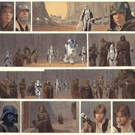 star wars, panels, illustration by Jean-Pierre Gibrat <lora:byJeanPierreGibratXL:1>