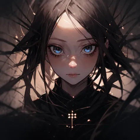 anime girl with blue eyes and black hair with a cross on her forehead