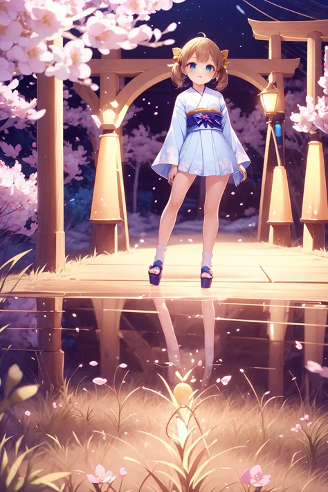 anime girl standing on a bridge in a field of flowers