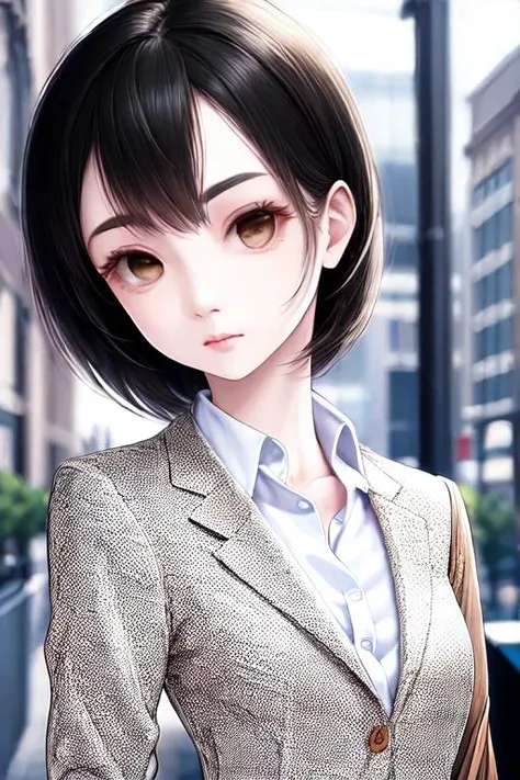 anime girl with short hair and a suit on a city street