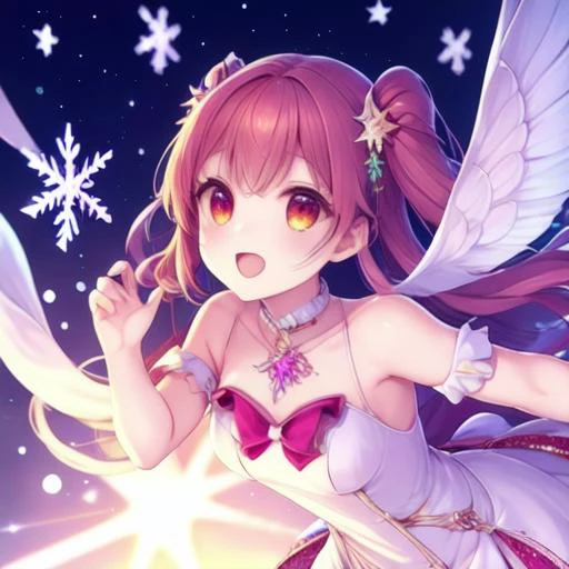 anime girl with a pink dress and wings flying in the air