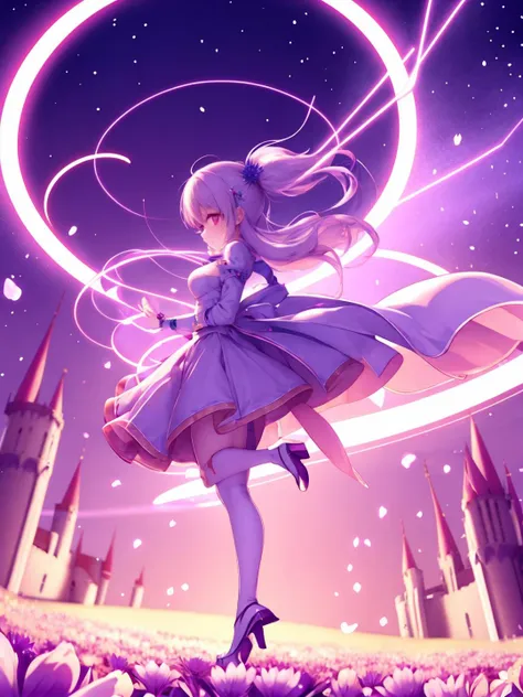 a girl in a dress is standing in front of a castle