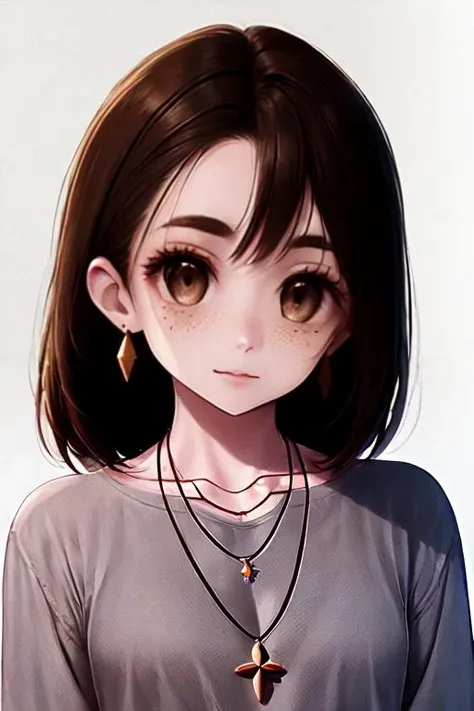 anime girl with brown eyes and brown hair wearing a necklace