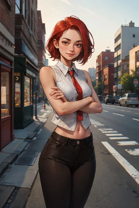 kofVanessa,short red hair, cropped white shirt, sleeveless, red tie, black pants, navel, looking at viewer, smiling, standing, medium shot, arms crossed, outside, city, sidewalk, dusk,  high quality, masterpiece, <lora:kofVanessa:.8>