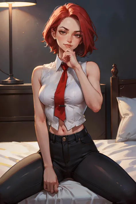 kofVanessa,short red hair, cropped white shirt, sleeveless, red tie, black pants, navel, looking at viewer, serious, smirk, sitting, on bed, spreading legs, inside cozy bedroom, soft lighting, high quality, masterpiece, <lora:kofVanessa:.8>