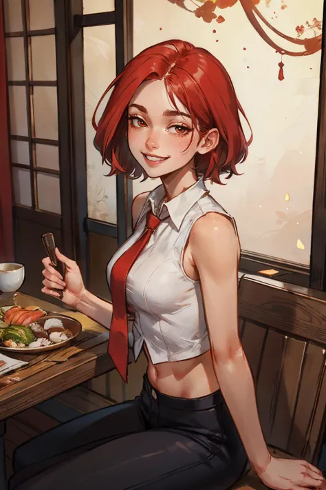 kofVanessa,short red hair, cropped white shirt, sleeveless, red tie, black pants, navel, looking at viewer, smiling, happy, teeth, sitting, upper body shot, behind a table, inside japanese restaurant, table full of food, sushi, sake bottle, high quality, m...