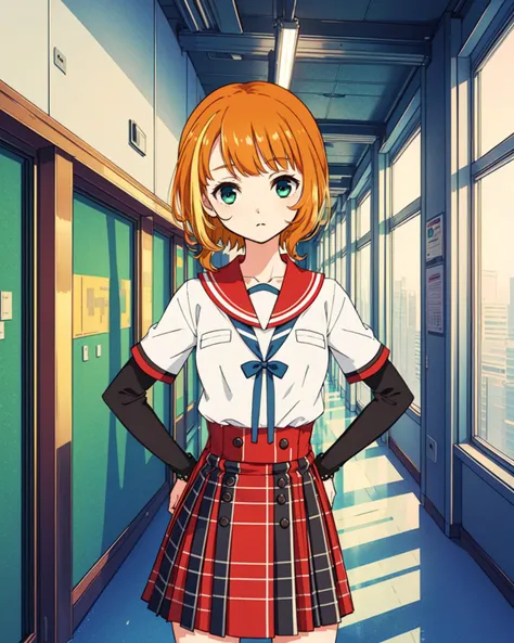 anime girl in school uniform standing in a hallway with her hands on her hips