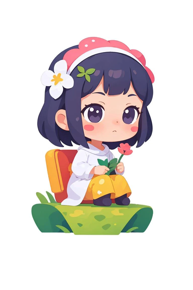 <lora:Color_Icons:0.8>,coloredic0n icon,<lora:cute_blindbox_v2:0.3>,blindbox,1girl,solo,sitting,flower,blush stickers,holding flower,White background,