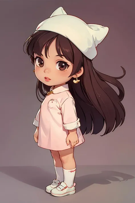 1girl,earrings,solo,jewelry,long_hair,lips,realistic,brown_eyes,<lora:WengMeiLing01:1>,(chibi:0.8),full body,