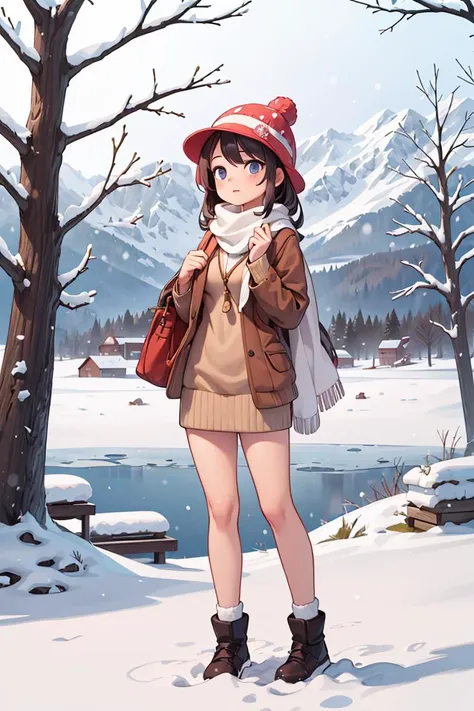 full body, masterpiece,best quality,landscape,landscape,(1girl, tall, matured:1.2),sweater,bubble hat,scarf,snow,snowy mountain,cabin,trees,<lora:GoodHands-vanilla:1>,<lora:more_details:0.3>,