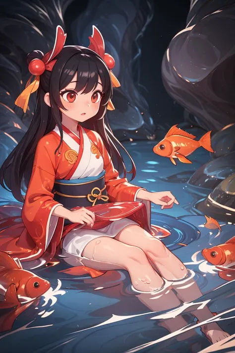 a girl,black hair,red clothes,hanfu,robe,(treading water:1.5),water,goldfish,water flow,fantastic coloured glaze,<lora:fantastic coloured glaze_20230910110835:0.8>,