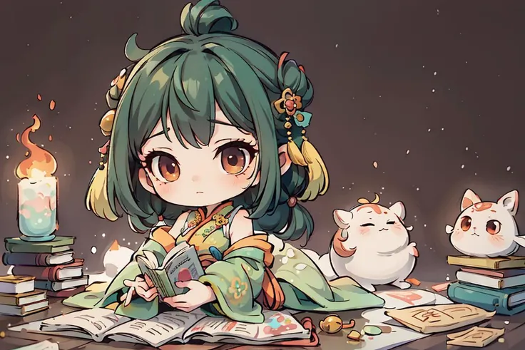 (masterpiece),(best quality), 1girl,chibi, full body,in style of blindbox, ((green Cheongsam)), sitting in a traditional Chinese study,jeweled hairpin adorning, black hair. bookshelves filled with ancient texts and scroll paintings,reading a book with a fo...