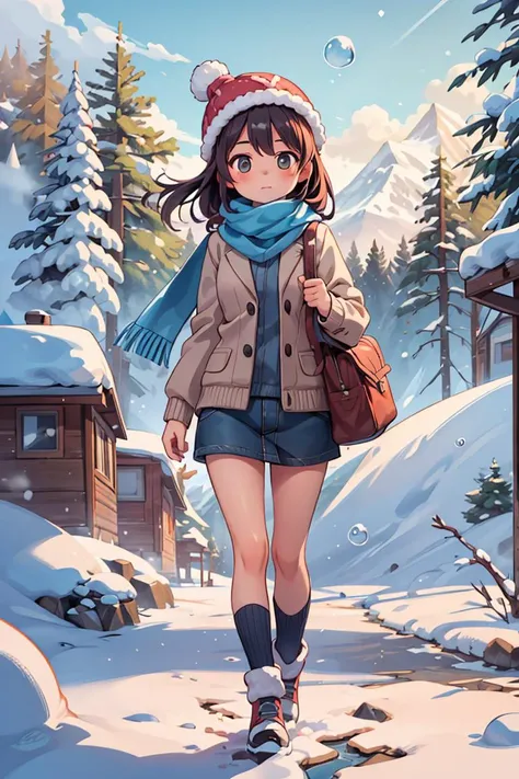 masterpiece,best quality,landscape, landscape, (1girl, tall, matured:1.2), sweater, bubble hat, scarf, snow, snowy mountain, cabin, trees,<lyco:GoodHands-beta2:1.0> <lora:more_details:0.3>,