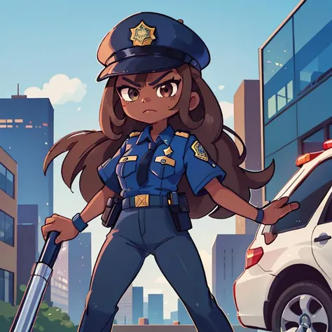 masterpiece, best quality, marikyuun, 1girl, dark skin, dark skinned female, police, police cap, brown hair, long hair, angry, police uniform, blue shirt, black tie, black pants, outdoor, city, building, white outline,<lora:marikyuun:0.6>,