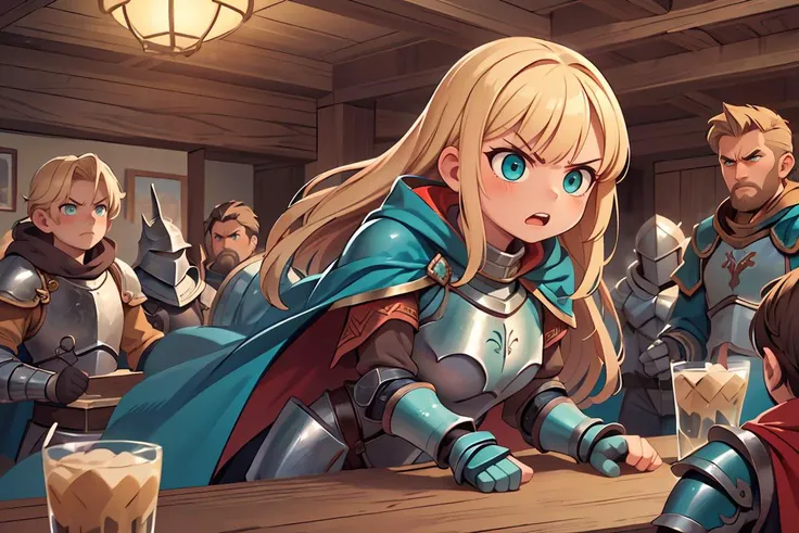 (masterpiece, best quality, extremely detailed:1.2), 1girl, (long blonde hair with bangs:1.1), (steel armor,:1.2), breastplate, (teal:1.2) gambeson, pauldrons,  cape, medieval clothing, <lora:more_details:0.3> ,  
 surrounded by men, tavern, angry