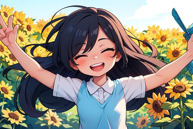 1girl with a very long hair, hair over eyes, black hair, blue eyes, closed eyes, laughing, smile, open arms, windmill, sunflower camp scenery, light colors, dappled sunlight, warm,