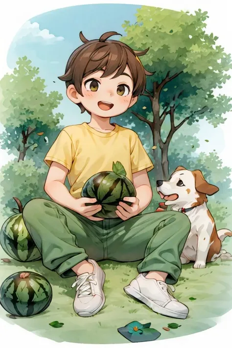 masterpiece, best quality, ruit,1boy, solo,eating,holding watermelon, (more Cut Watermelon:1.2),yellow shirt, male focus, brown hair, shirt, pants,  holding, open mouth,  sitting, smile, short sleeves,  white footwear,sky,forest, dog,<lyco:GoodHands-beta2:...