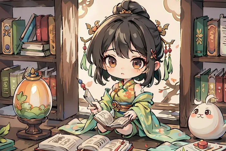 (masterpiece),(best quality), 1girl,chibi, full body,in style of blindbox, ((green Cheongsam)), sitting in a traditional Chinese study,jeweled hairpin adorning, black hair. bookshelves filled with ancient texts and scroll paintings,reading a book with a fo...