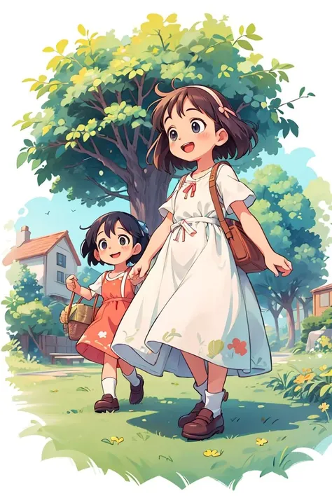 a girl and a girl walking in the grass with a basket