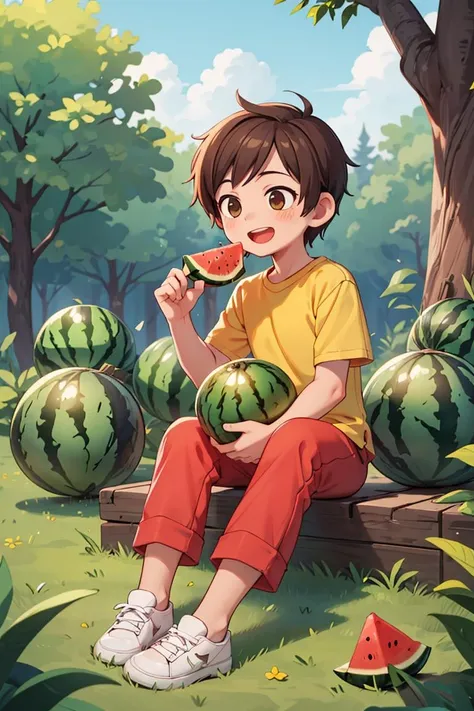 a boy sitting on a bench eating watermelon in a park