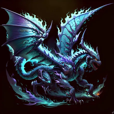 masterpiece, absurdres, extremely detailed, detailed eyes,  <lora:MadeOfFireAI:1>, fullbody, madeoffireai, winged dragon, blue fire, purple fire, fire, green fire,