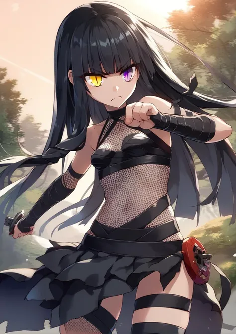 1girl, solo, really long hair, black hair, hime cut, heterochromia, purple eye, yellow eyes, slit pupils, small breasts, fishnet, black bandages, fighting stance, angry, outdoors, forest <lora:Chiyome AP XL:0.8> <lora:Hiroshi-Style-PonyXL-000020:1>, score_...