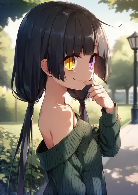 1girl, solo, really long hair, black hair, hime cut, low twintails,  heterochromia, purple eye, yellow eyes, slit pupils, small breasts, smile, sweater, bare shoulders, from behind, skirt, thighhighs, turning around, outdoors, park, upper body <lora:Chiyom...