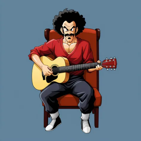 anime illustration by Akira Toriyama,Mr. Satan man,playing an acoustic guitar, sitting on a chair, simple background, <lora:mr_satan-000007:0.5>