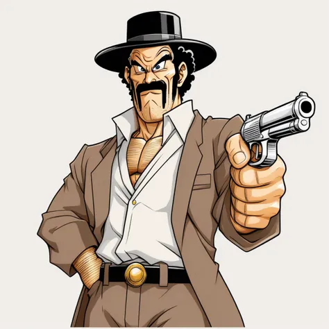 anime illustration by Akira Toriyama,Mr. Satan man, as an vintage gangster, wearing suit and gangster hat, holding a gun, pencil sketch, simple background, <lora:mr_satan-000007:0.8>