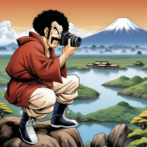 anime illustration by Akira Toriyama,Mr. Satan man, as an avid photographer, taking a photo of Japanese landscape,<lora:mr_satan-000007:0.8>