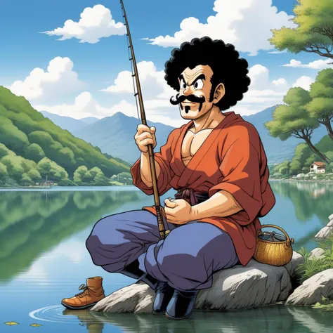 anime illustration by Akira Toriyama,Mr. Satan man, sitting on the side of a lake,fishing, at Italian lake, peaceful,<lora:mr_satan-000007:0.5>