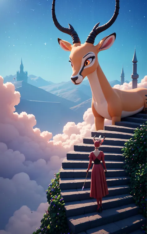 araffe and a woman standing on a set of stairs with a deer statue