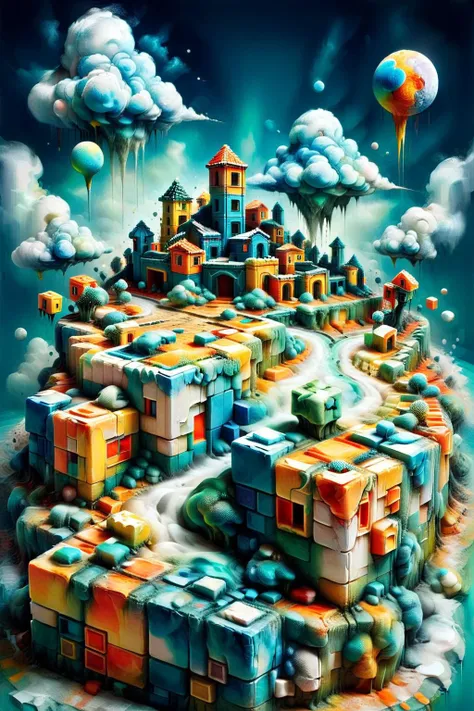 a painting of a colorful city with a balloon flying over it