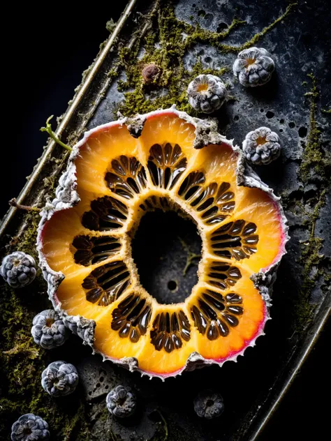 ral-mold, A close-up, high-contrast image of mold growing on a forgotten piece of fruit, showcasing the beauty in decay and transformation <ral-mold-sdxl:0.3>, dynamic, cinematic, masterpiece, intricate, hdr.