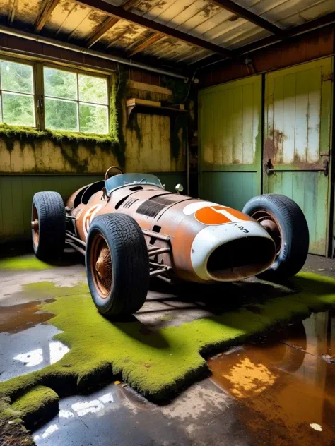 a dynamic image of an F1 car rusting parked in old rusted garage with a floor covered with  ral-mold, mold and moss, tires with cracked dry rubber, showcasing the beauty in decay and transformation, dynamic, cinematic, masterpiece, intricate, hdr <ral-mold...