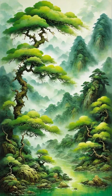 Chinese landscape painting,inspired by Wang Ximengs landscape painting works Thousand Miles of Rivers and Mountains,
ral-mold,<lora:ral-mold:0.5>,Abstract,deconstructive,made up of mold colonies,is colorful and full of life,
the inscription says ((("XUNYIN...