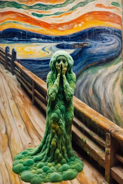 ral-mold, painting of woman covered in mold, background of the scream<lora:ral-mold:1> <lora:FF-Style-Edvard-Munch-vpred:1> style of Edvard Munch, Edvard Munch, Edvard Munch style, (masterpiece:1.2), best quality, colorful, (intricate details, hyperdetai...