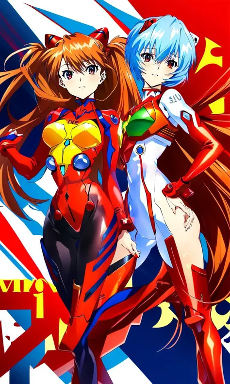 by mika pikazo, 2girls, ((Ayanami Rei)), ((Souryuu Asuka Langley)), neon genesis evangelion, flat, masterpiece, absurdres, full body