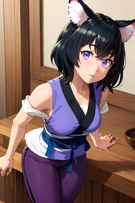 anime girl with cat ears and purple outfit standing in front of a counter