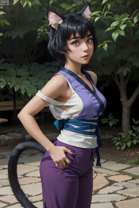 (masterpiece, best quality), 1girl,  <lora:miria-nvwls-v1:1> miria, cat ears, purple shirt, sleeveless, sash, purple pants, cat tail