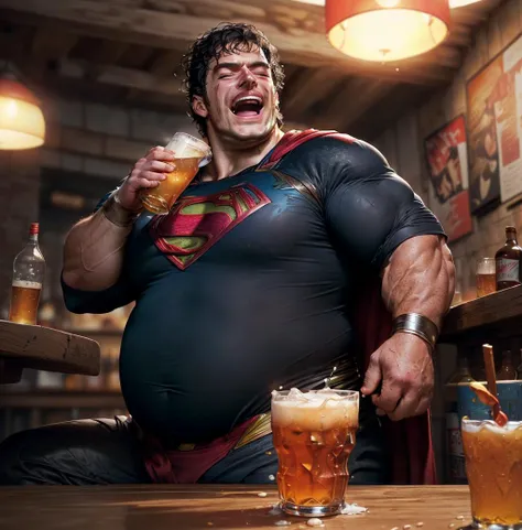 (((Suit too small, Messy greasy  hair, Unshaven,, super chubby Henry Cavill,((super fat Henry Cavill)), sweaty, (((completly drunk)))man of steel , laughing like a dumb ))),((drinking tons of beers in  a bar)), eating greasy supersize sandwichs, ((best qua...